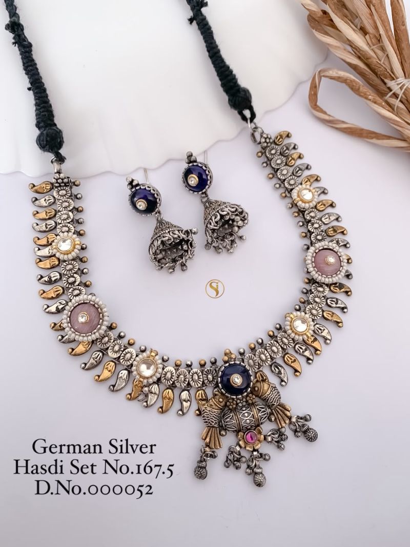 German Silver Stone Hasdi Set 16 Oxidized Necklace Set