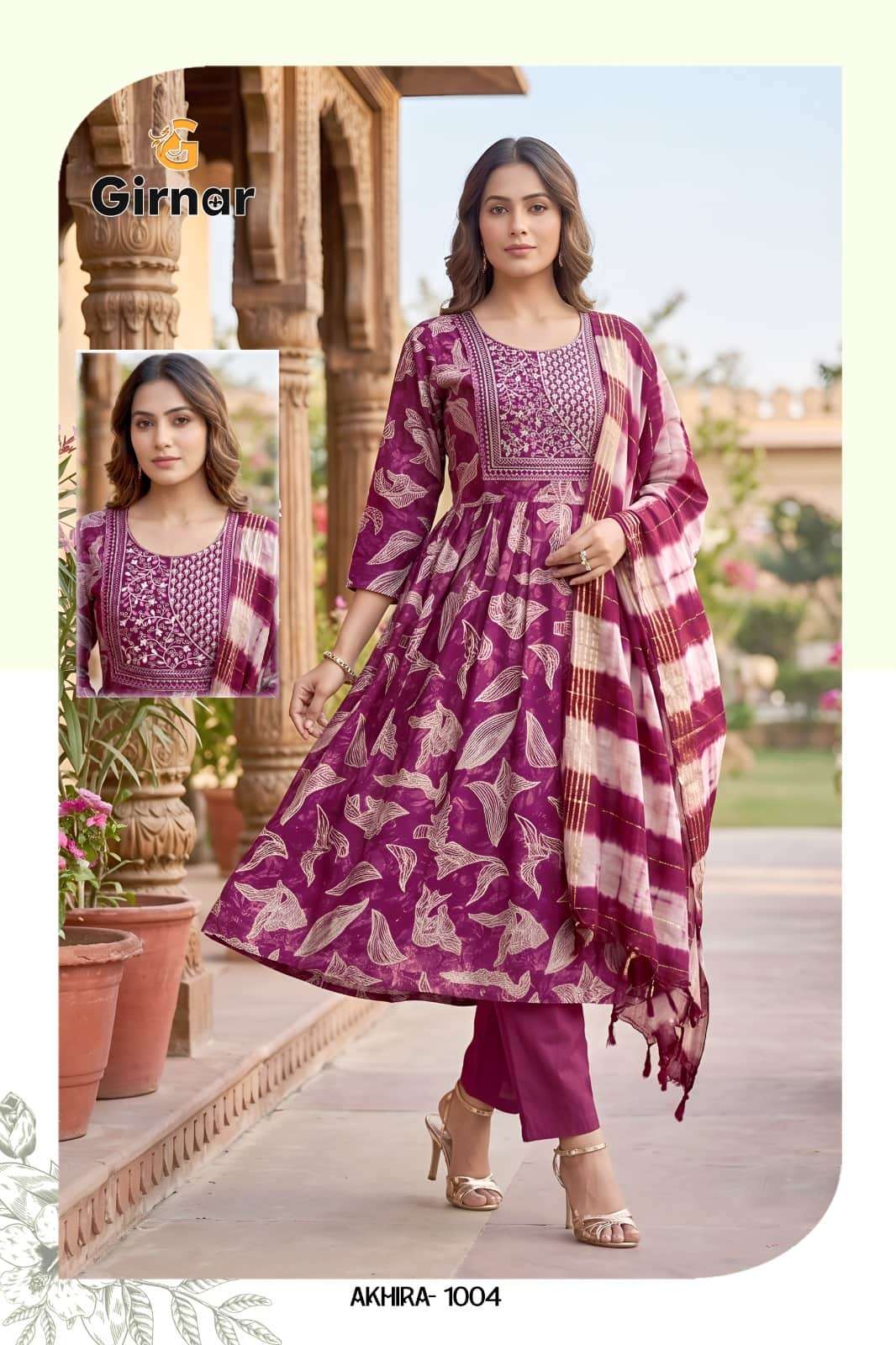 Girnar Akhira Vol 1 Foil Print Kurti Pant Dupatta Set - Amrah Wholesale