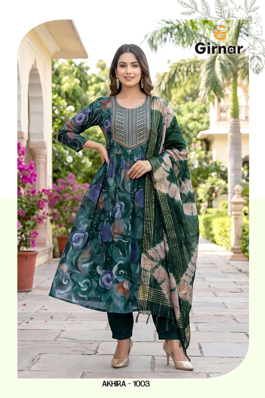 Girnar Akhira Vol 1 Foil Print Kurti Pant Dupatta Set - Amrah Wholesale
