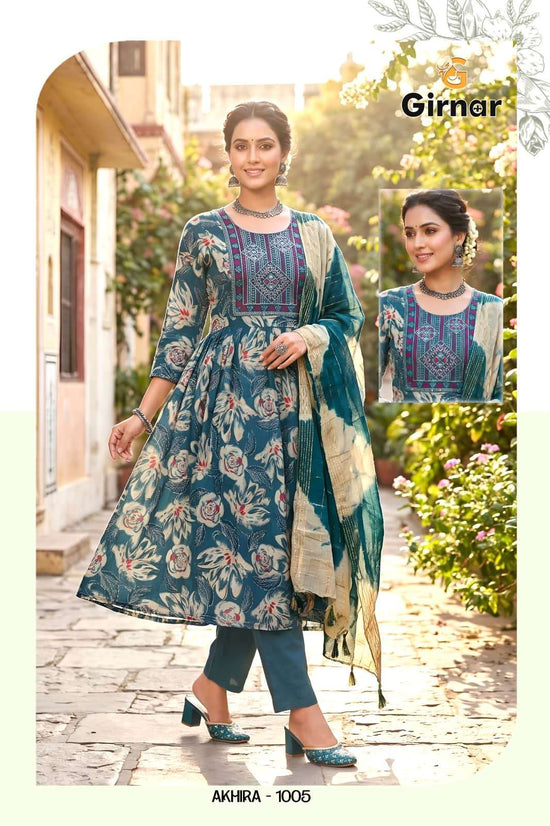 Girnar Akhira Vol 1 Foil Print Kurti Pant Dupatta Set - Amrah Wholesale