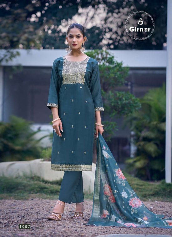Girnar Bhrithi Vol 1 Vertican Embroidered Kurti Pant Dupatta Set