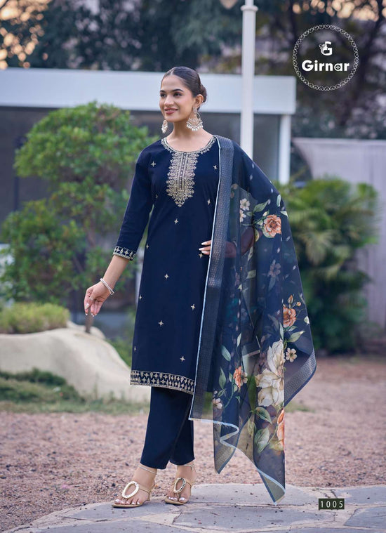 Girnar Bhrithi Vol 1 Vertican Embroidered Kurti Pant Dupatta Set