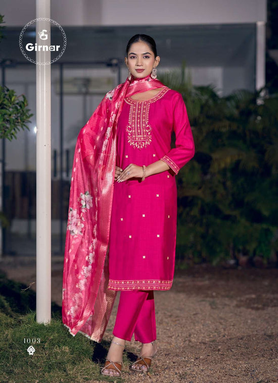 Girnar Bhrithi Vol 1 Vertican Embroidered Kurti Pant Dupatta Set