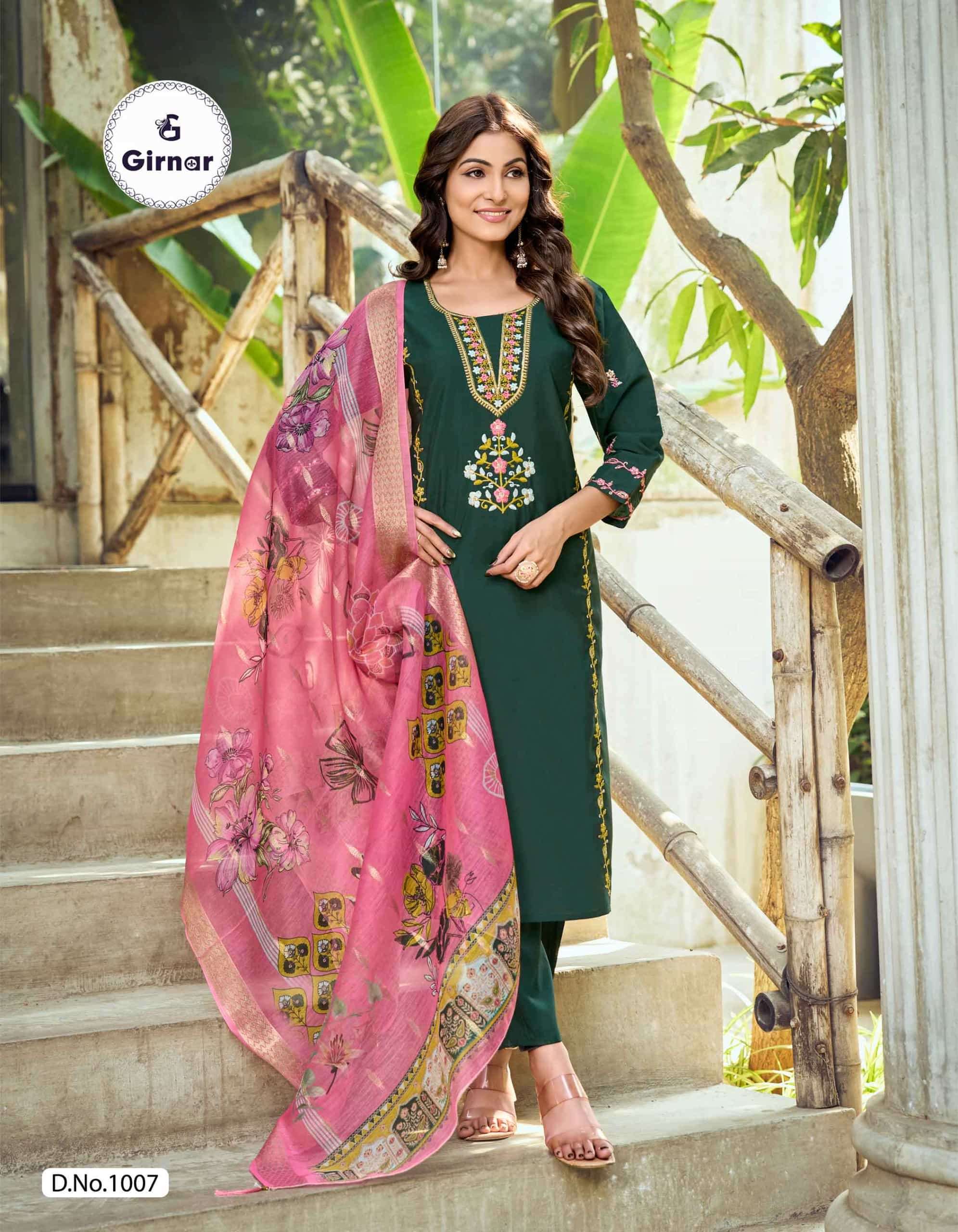 Girnar Minaxi Vol 1 Roman Embroidered Kurti Pant Dupatta Set
