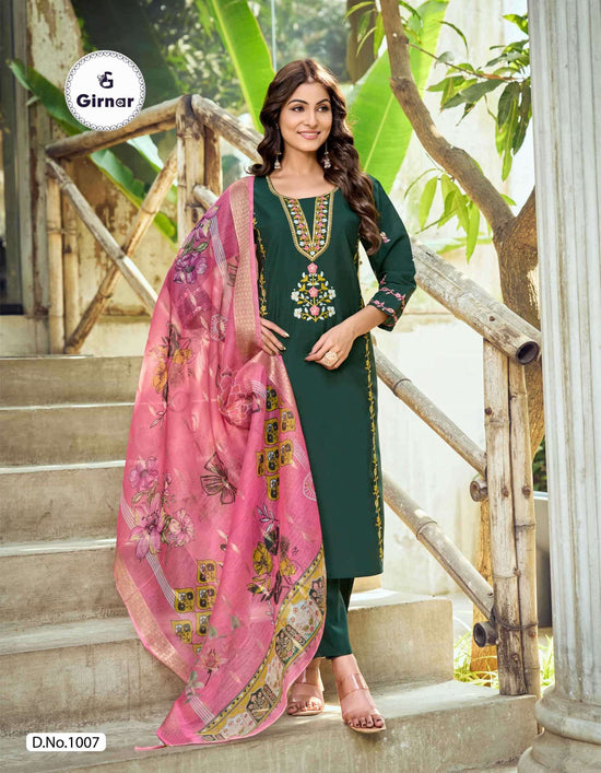 Girnar Minaxi Vol 1 Roman Embroidered Kurti Pant Dupatta Set