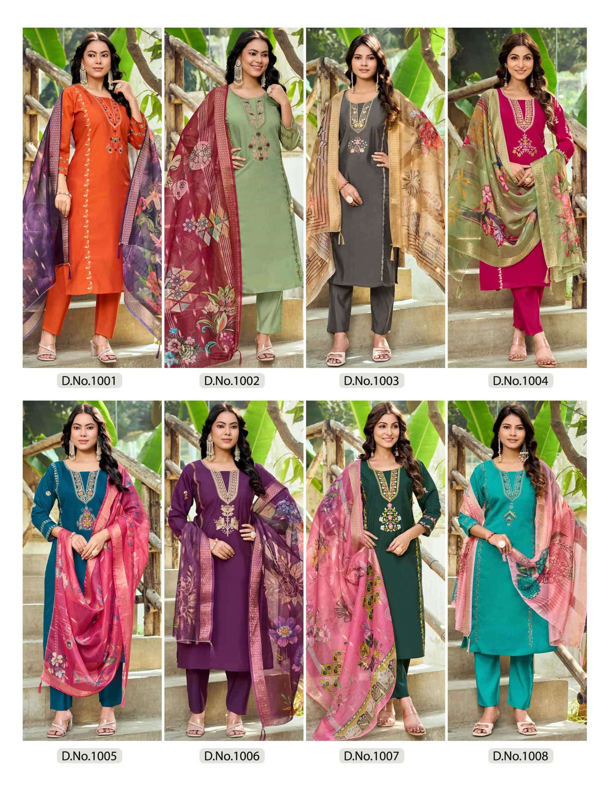 Girnar Minaxi Vol 1 Roman Embroidered Kurti Pant Dupatta Set