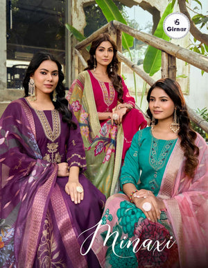 Girnar Minaxi Vol 1 Roman Embroidered Kurti Pant Dupatta Set