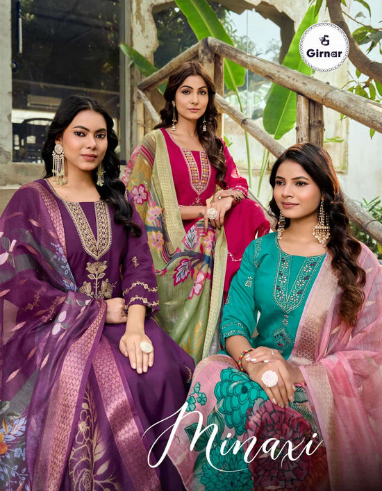 Girnar Minaxi Vol 1 Roman Embroidered Kurti Pant Dupatta Set