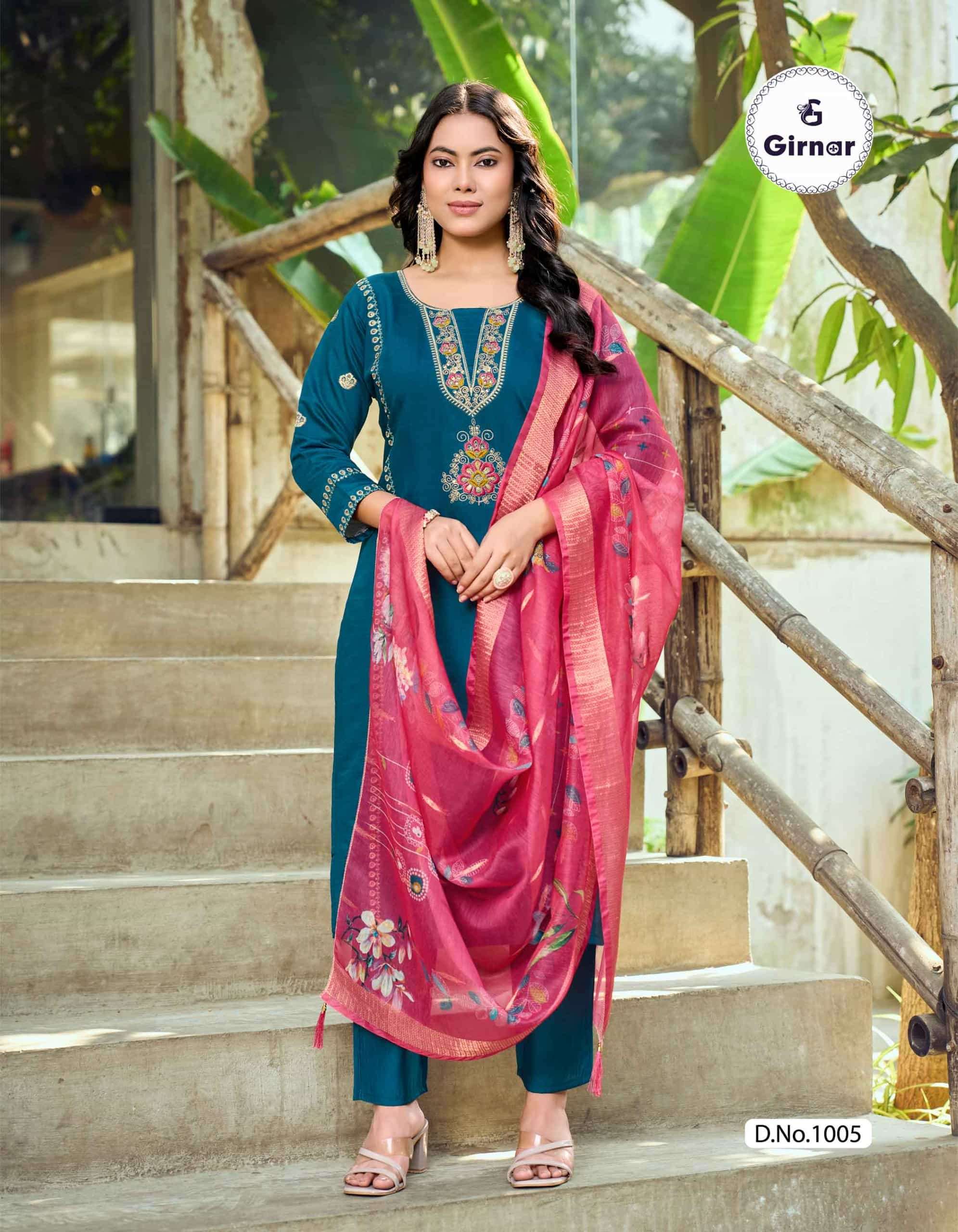 Girnar Minaxi Vol 1 Roman Embroidered Kurti Pant Dupatta Set