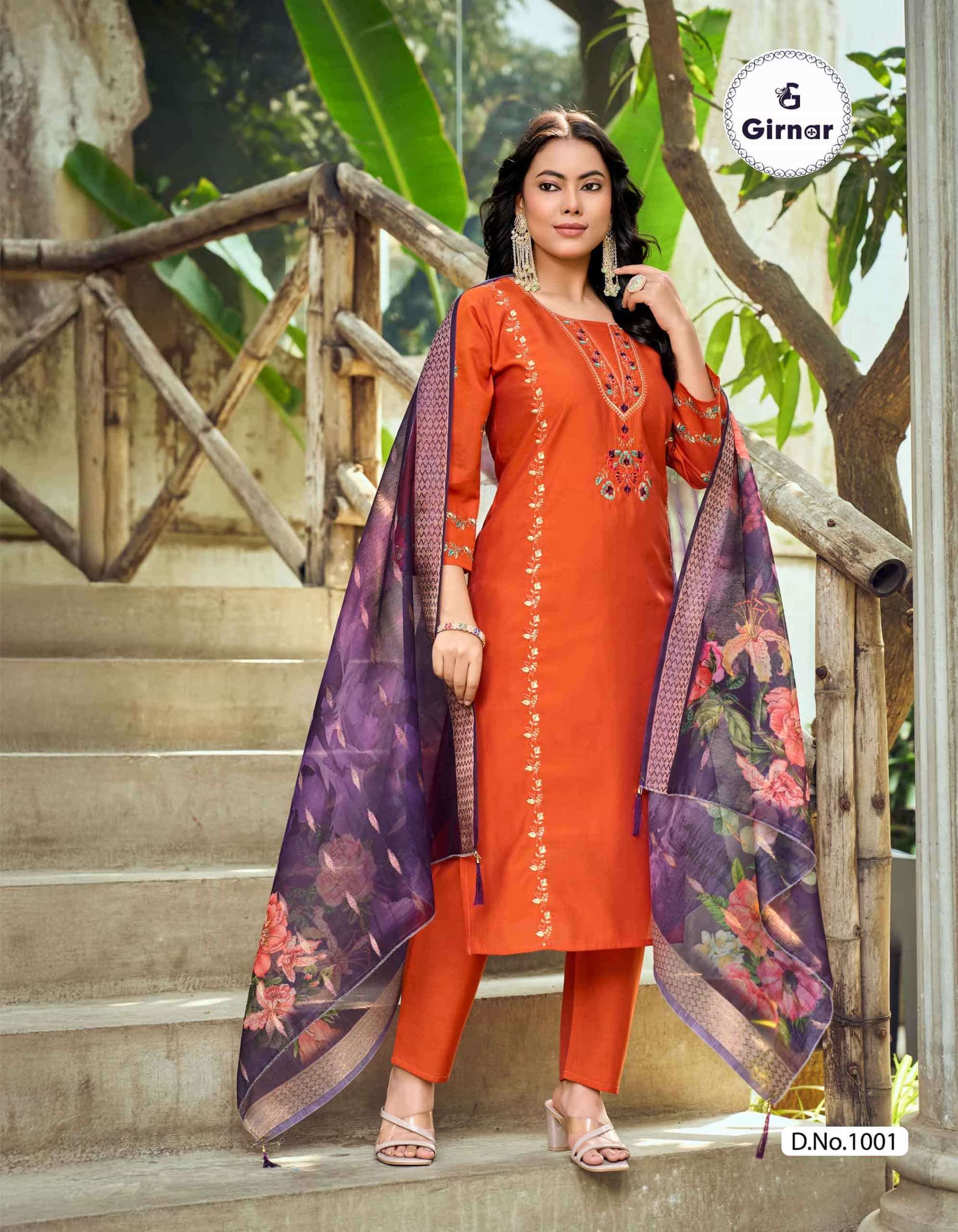 Girnar Minaxi Vol 1 Roman Embroidered Kurti Pant Dupatta Set