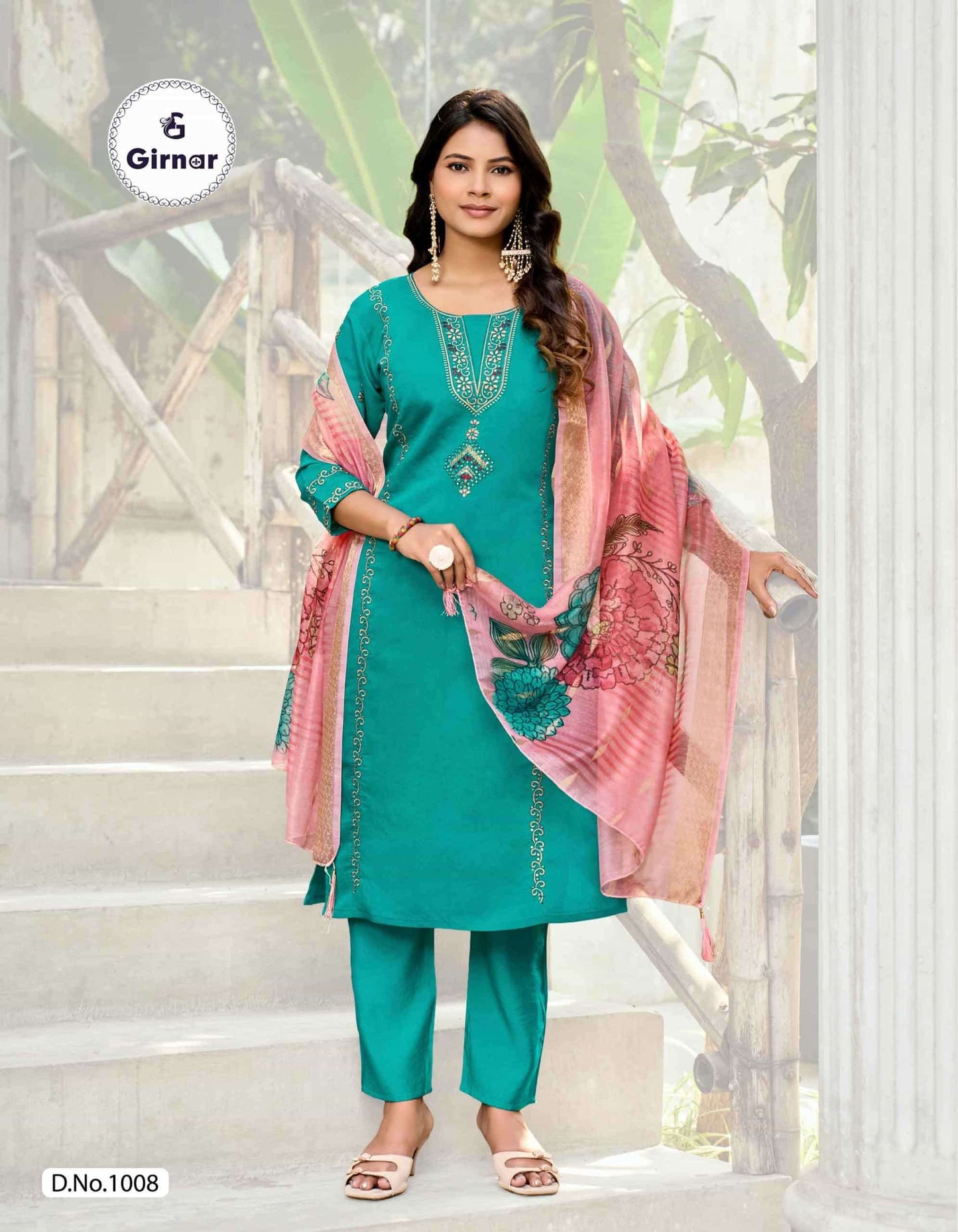 Girnar Minaxi Vol 1 Roman Embroidered Kurti Pant Dupatta Set