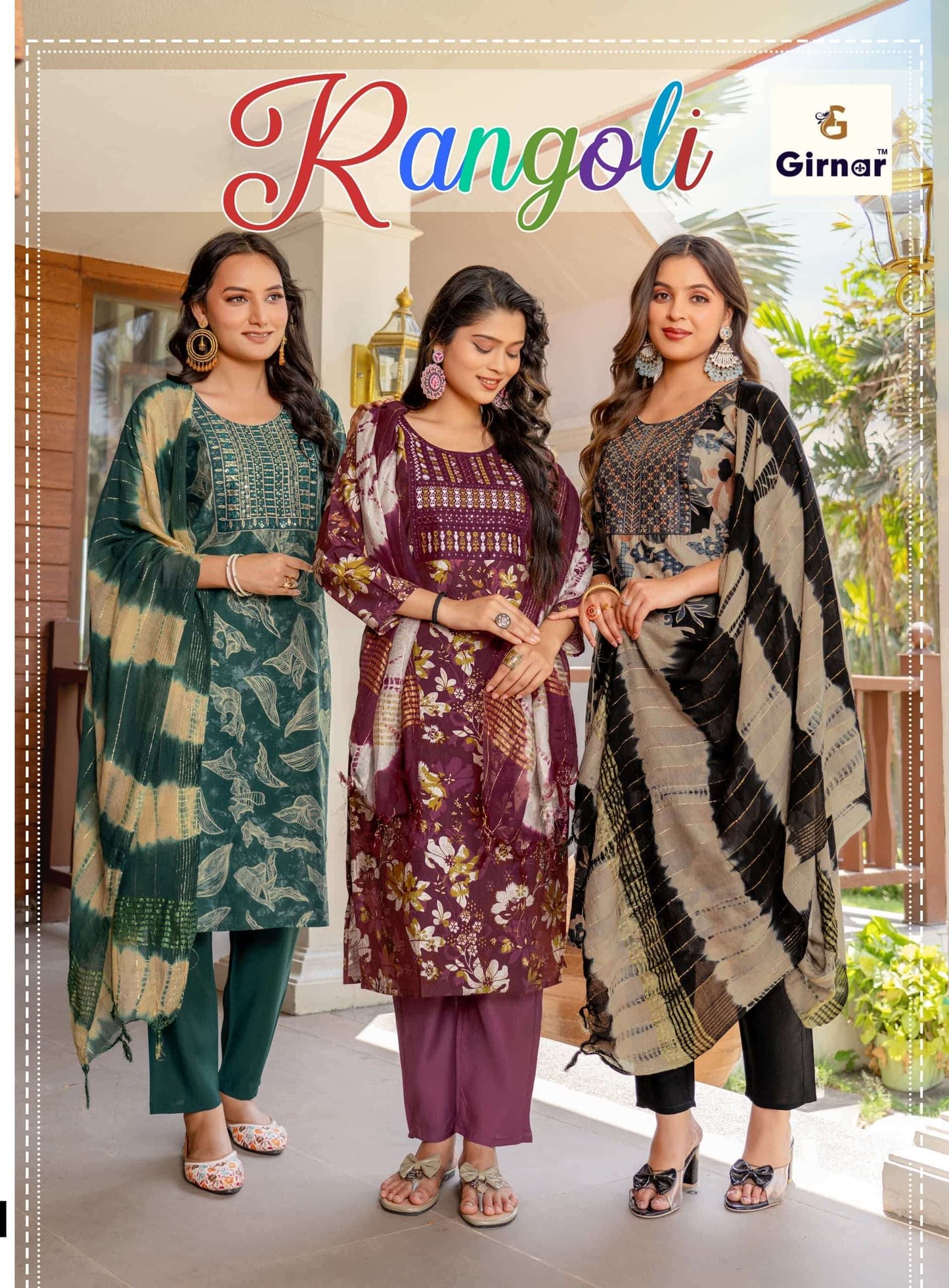 Girnar Rangoli Vol 1 Premium Vertican Embroidered Kurti Pant Dupatta Set