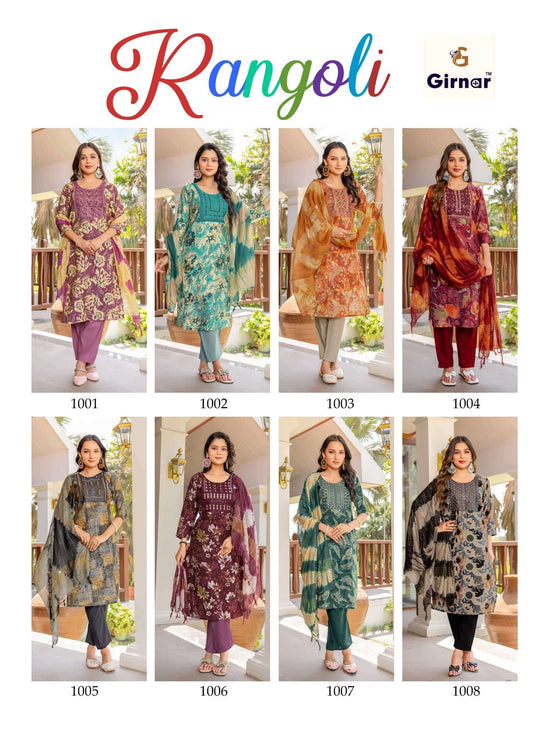 Girnar Rangoli Vol 1 Premium Vertican Embroidered Kurti Pant Dupatta Set