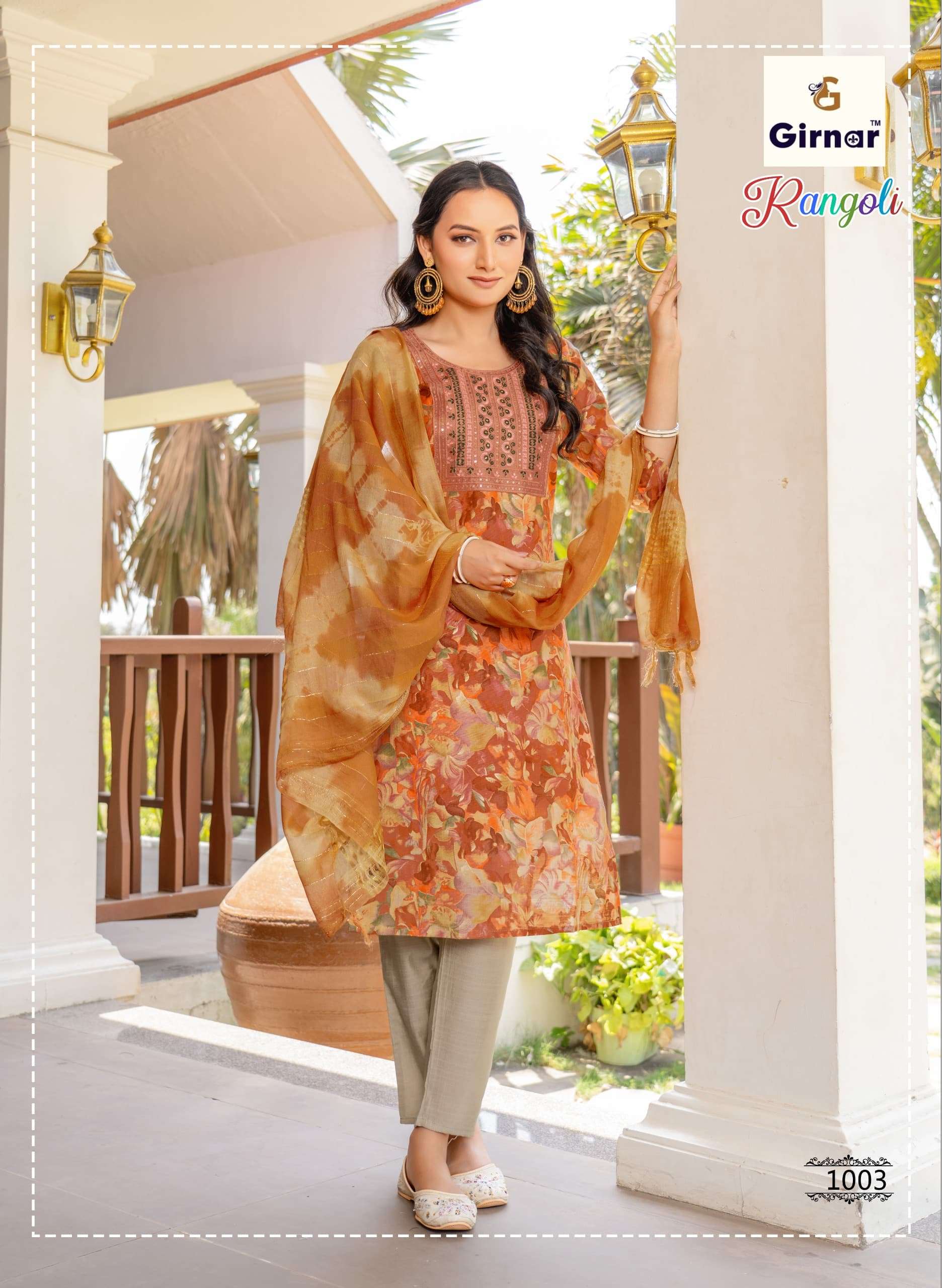 Girnar Rangoli Vol 1 Premium Vertican Embroidered Kurti Pant Dupatta Set