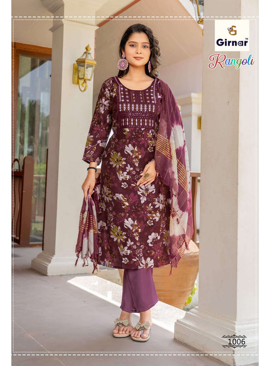 Girnar Rangoli Vol 1 Premium Vertican Embroidered Kurti Pant Dupatta Set