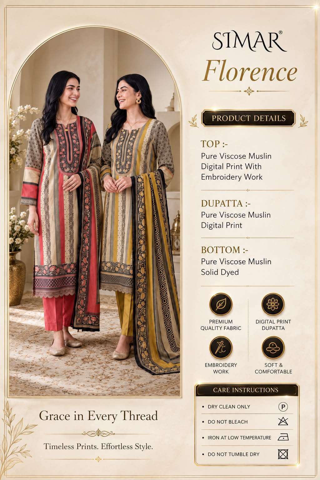 Glossy Florence Viscose Muslin Digital Print Dress Material - Amrah Wholesale