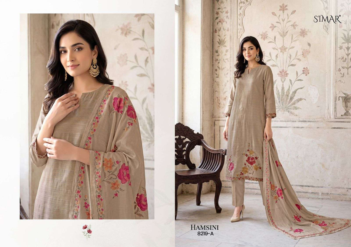 GLOSSY HAMSINI Viscose Muslin Embroidered Dress Material