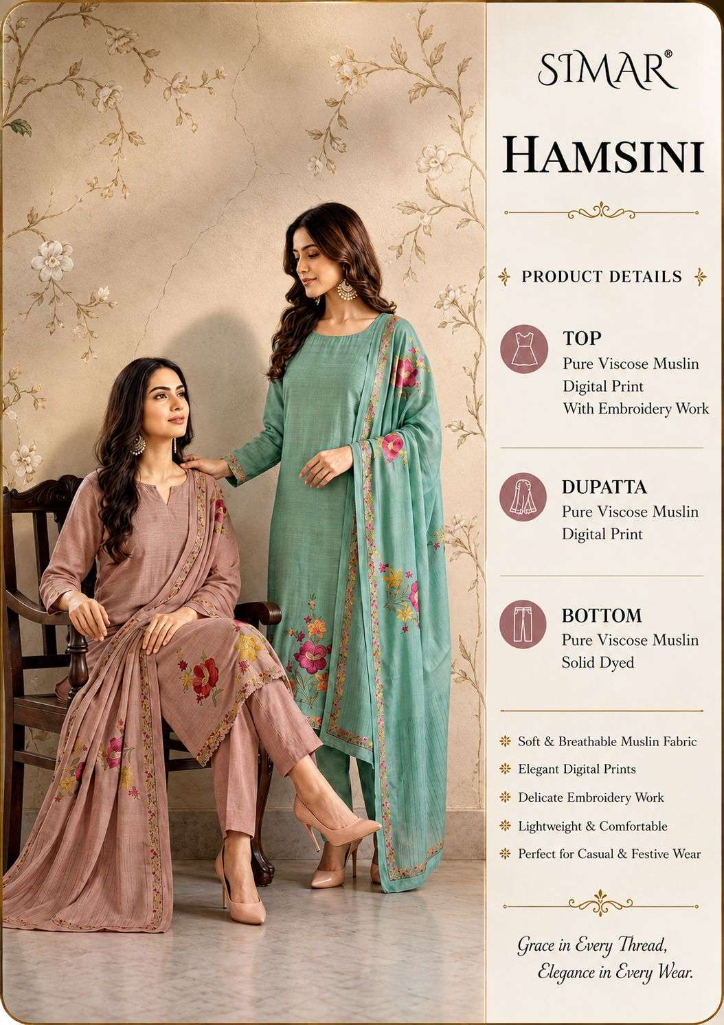 GLOSSY HAMSINI Viscose Muslin Embroidered Dress Material