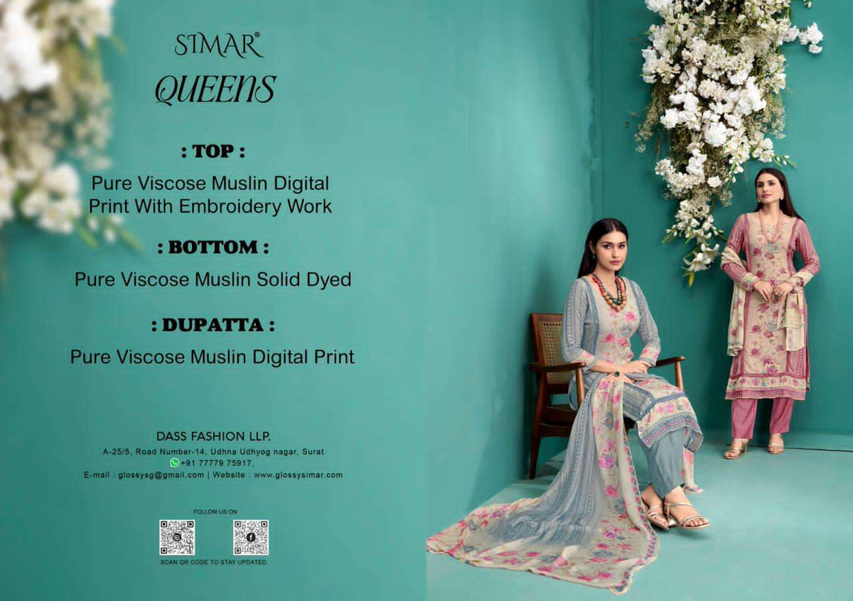 Glossy Queens Pure Viscose Muslin Dress Material - Amrah Wholesale