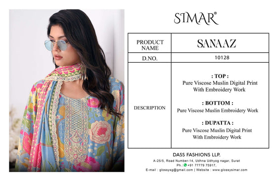 Glossy Sanaaz Pure Viscose Muslin Embroidered Dress Material - Amrah Wholesale