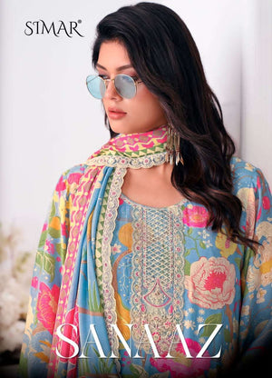 Glossy Sanaaz Pure Viscose Muslin Embroidered Dress Material - Amrah Wholesale