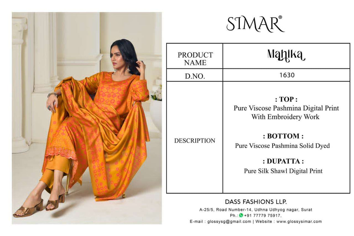 Glossy Simar Mahika Viscose Pashmina Embroidered Dress Material