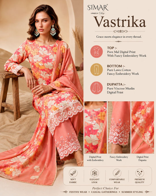 Glossy Simar Vastrika Mal Cotton Printed Embroidered Dress Material - Amrah Wholesale