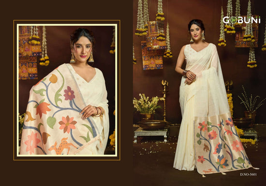 Gobuni Sukanya Linen Premium Printed Saree Set