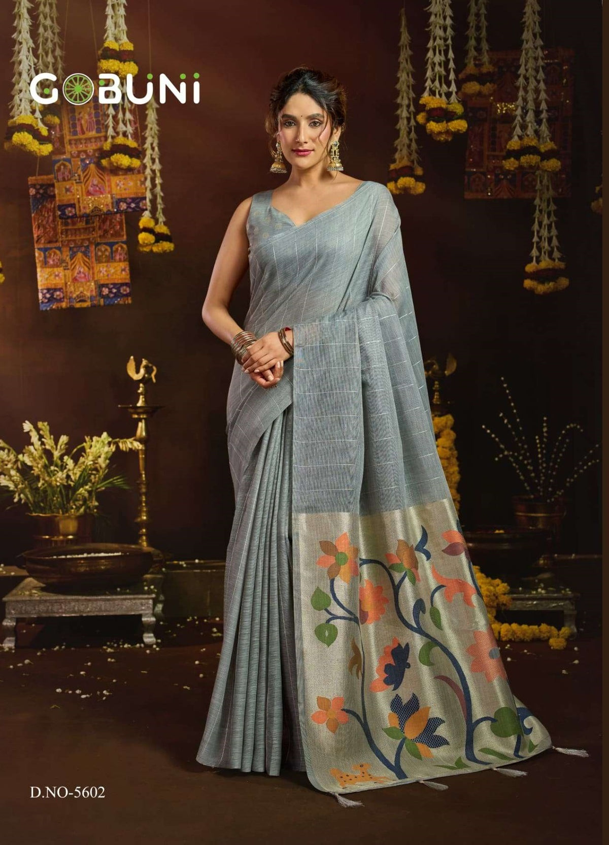 Gobuni Sukanya Linen Premium Printed Saree Set