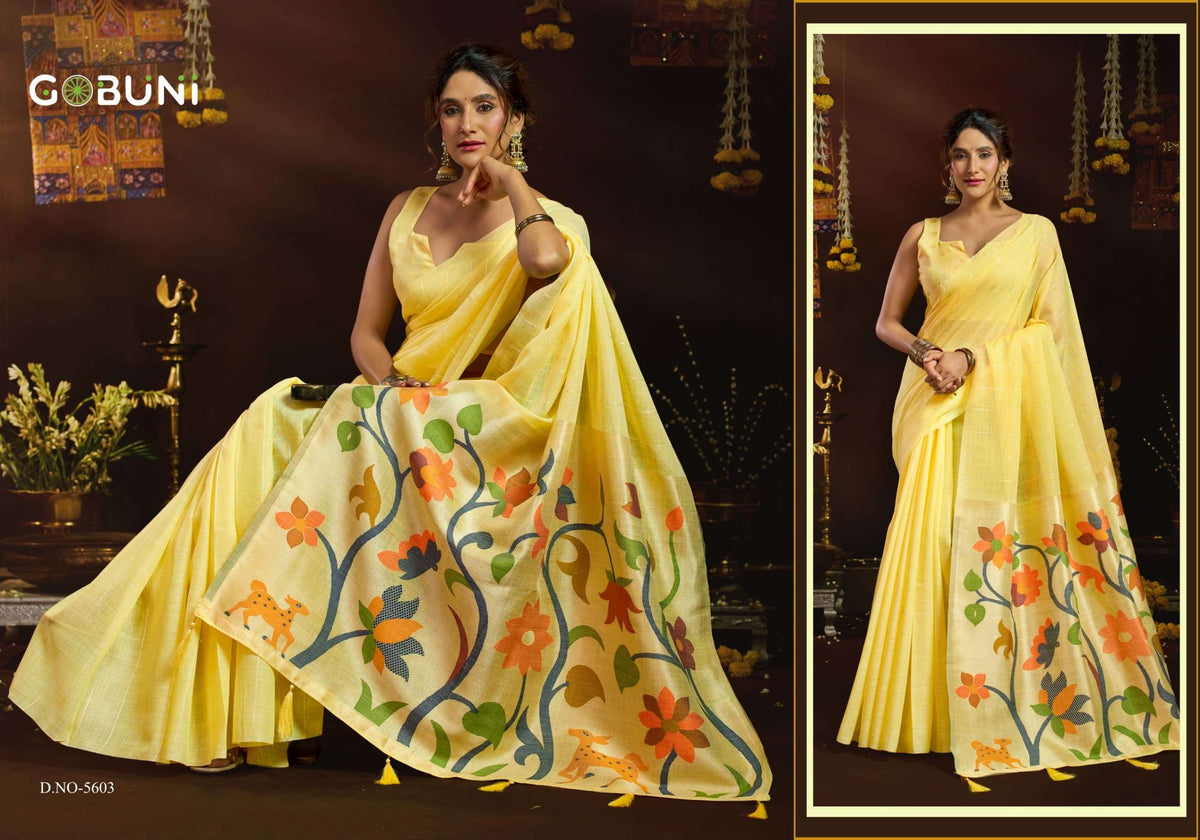 Gobuni Sukanya Linen Premium Printed Saree Set