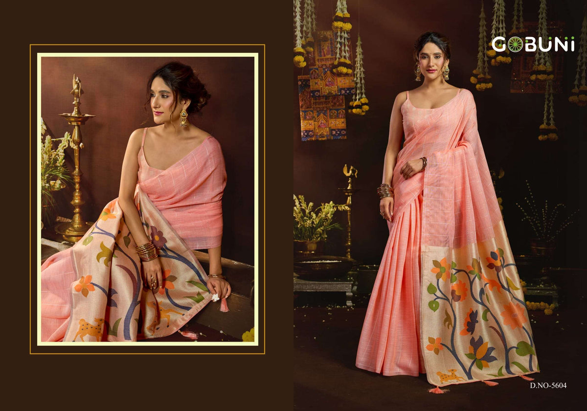 Gobuni Sukanya Linen Premium Printed Saree Set
