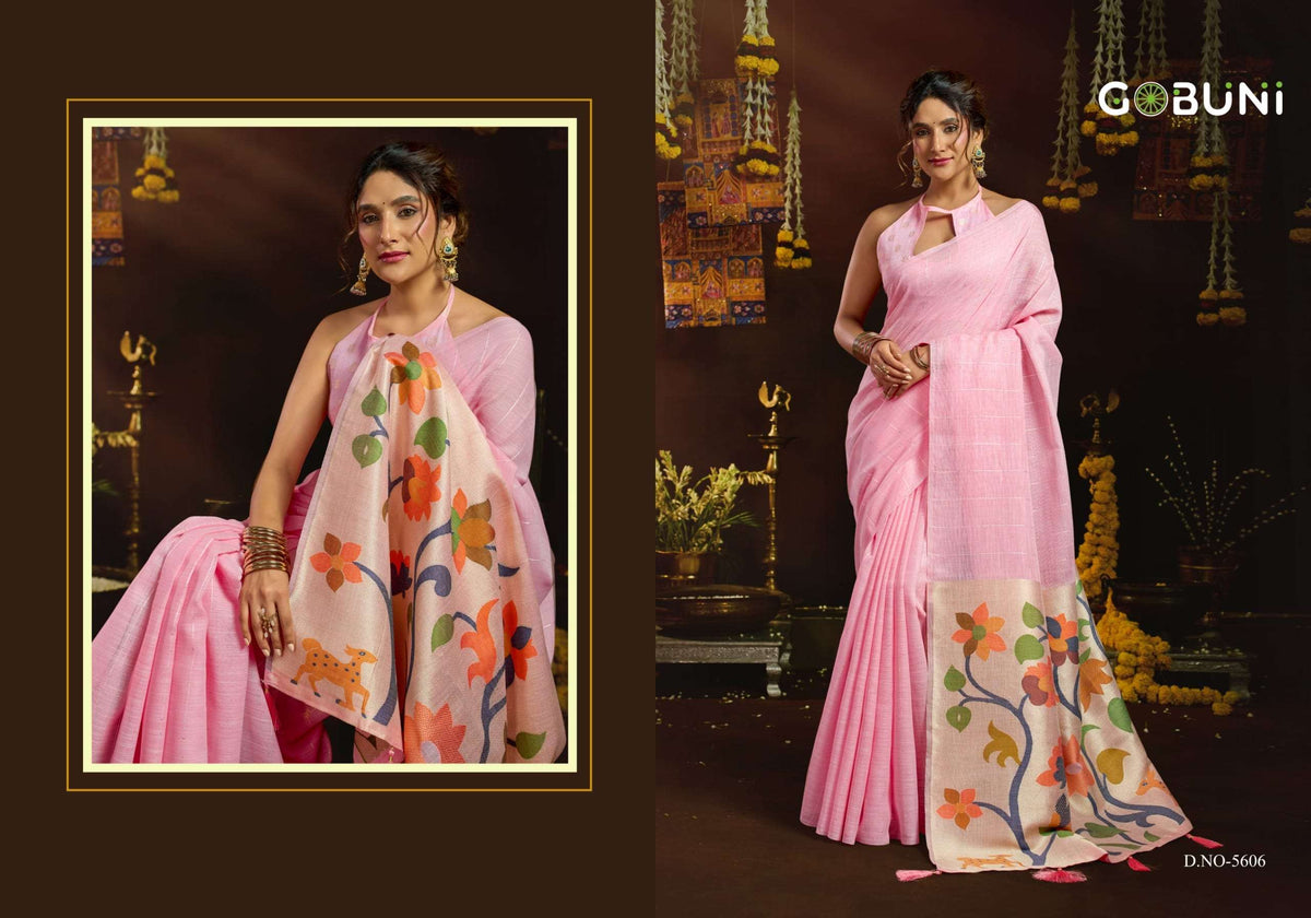 Gobuni Sukanya Linen Premium Printed Saree Set