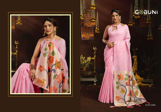 Gobuni Sukanya Linen Premium Printed Saree Set