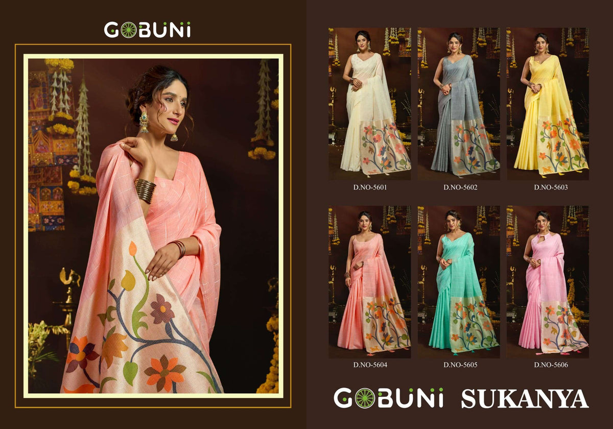 Gobuni Sukanya Linen Premium Printed Saree Set