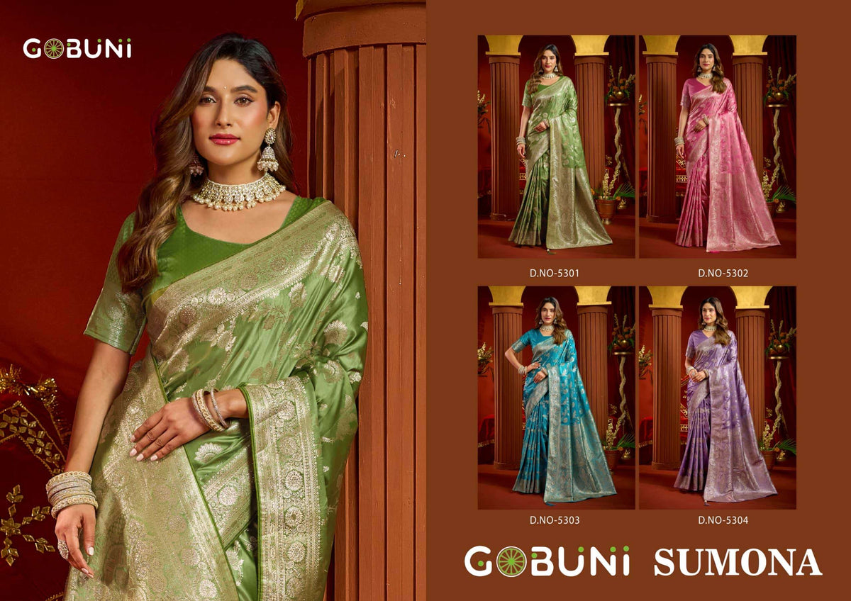 GOBUNI SUMONA Satin Silk Embroidered Sarees