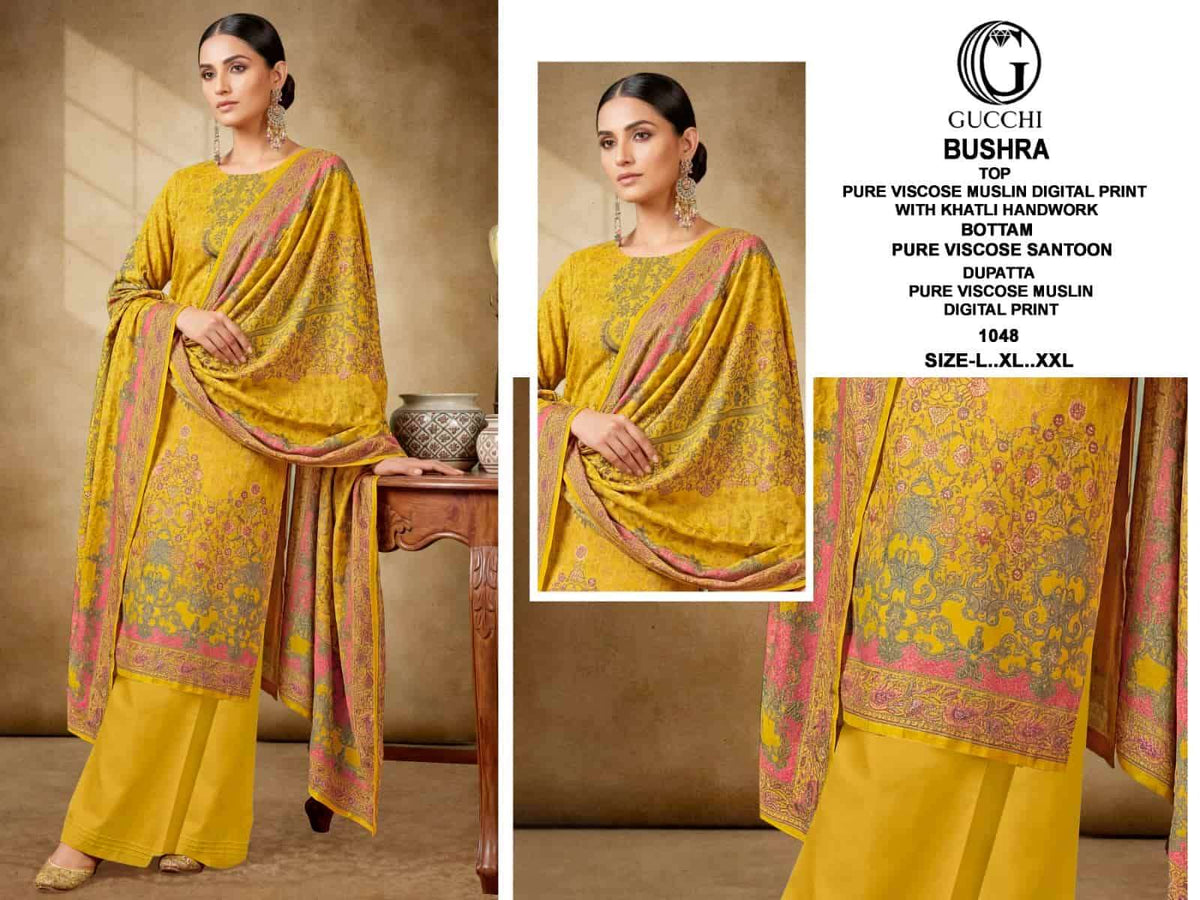 Gucchi Bushra 1043 To 1050 Pure Muslin Pakistani Suit Set - Amrah Wholesale