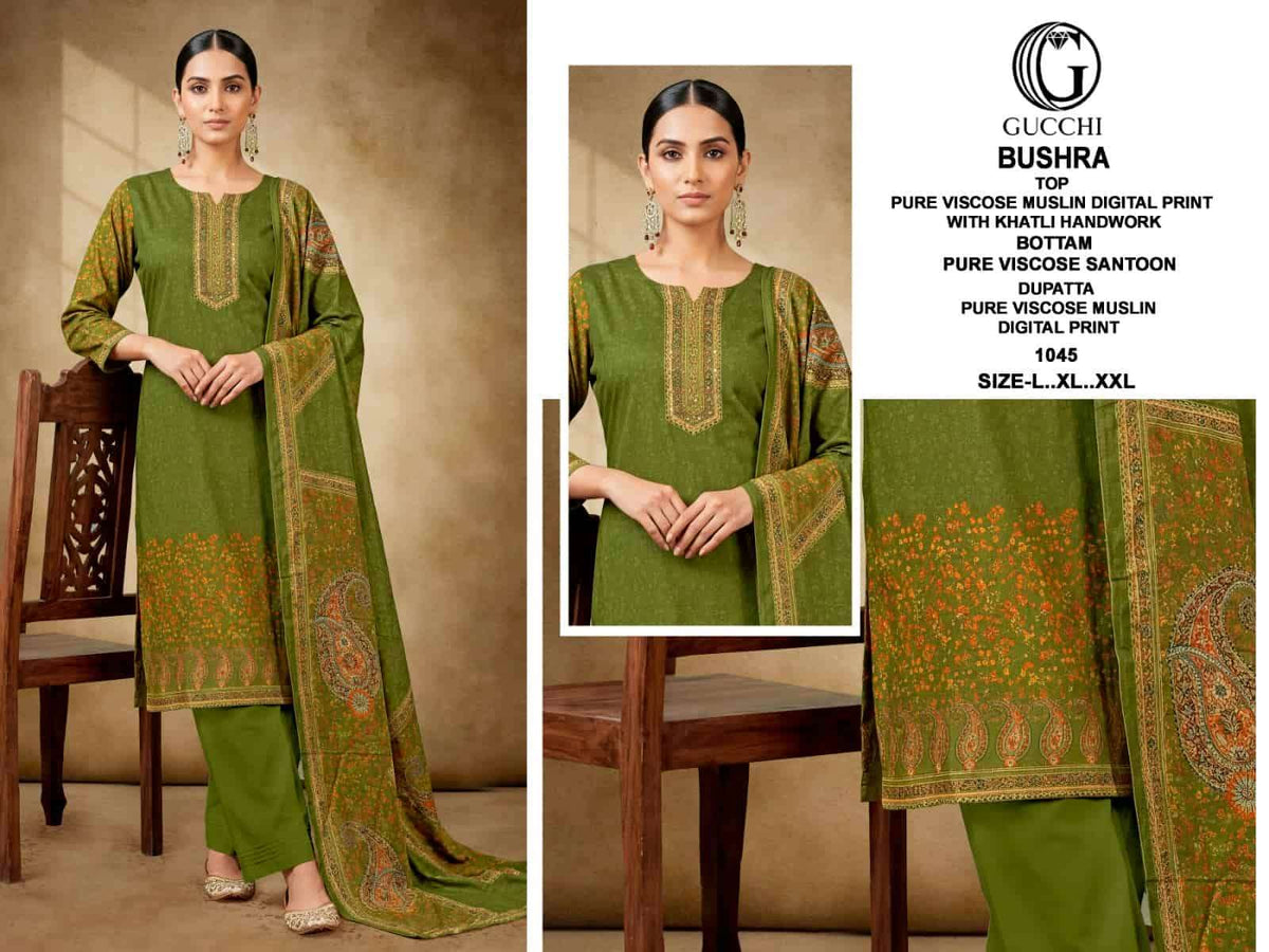 Gucchi Bushra 1043 To 1050 Pure Muslin Pakistani Suit Set - Amrah Wholesale