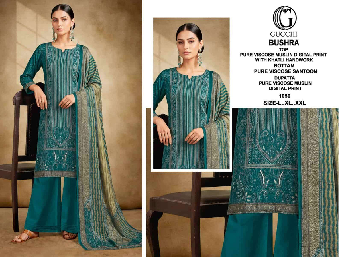 Gucchi Bushra 1043 To 1050 Pure Muslin Pakistani Suit Set - Amrah Wholesale