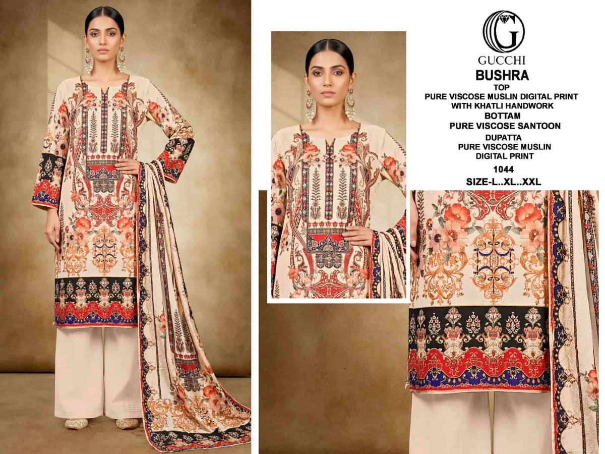 Gucchi Bushra 1043 To 1050 Pure Muslin Pakistani Suit Set - Amrah Wholesale