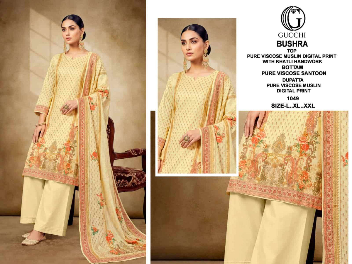 Gucchi Bushra 1043 To 1050 Pure Muslin Pakistani Suit Set - Amrah Wholesale