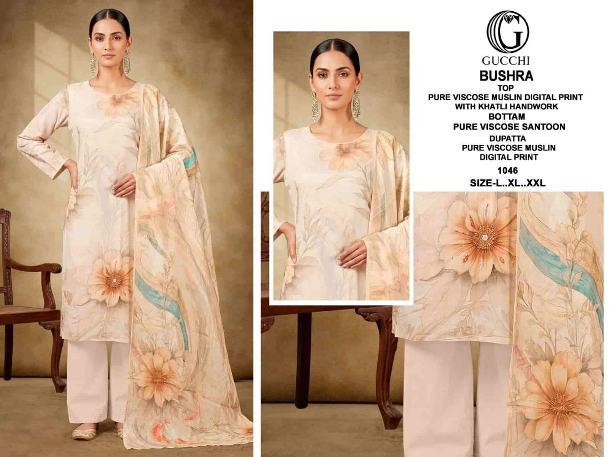 Gucchi Bushra 1043 To 1050 Pure Muslin Pakistani Suit Set - Amrah Wholesale