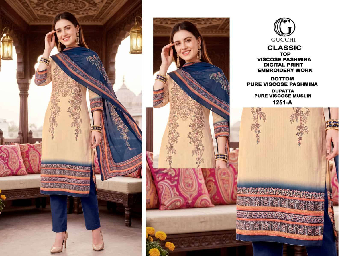Gucchi Classic Gucchi Classic 1251 Pure Viscose Pashmina Digital Printed Dress Material
