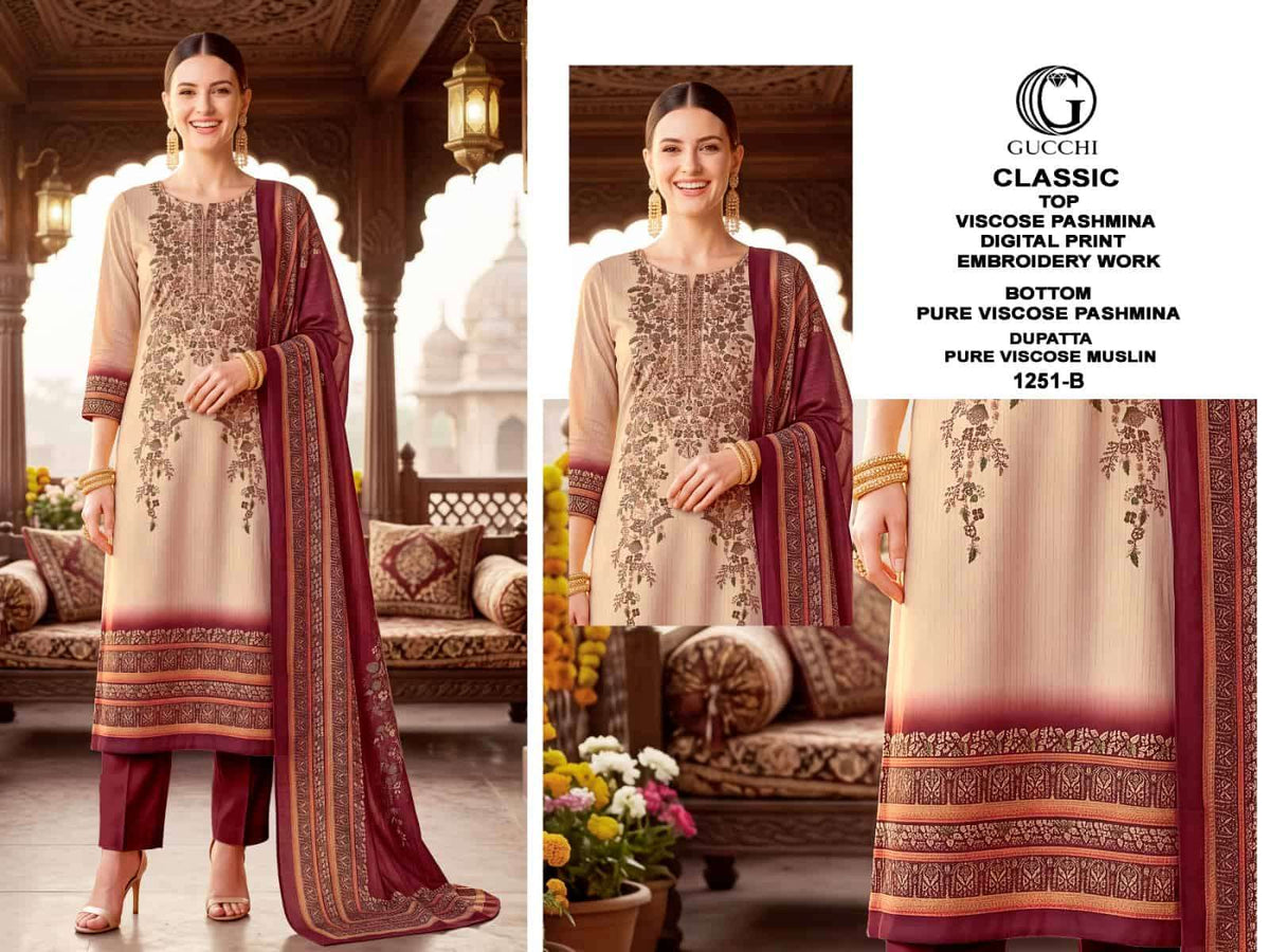 Gucchi Classic Gucchi Classic 1251 Pure Viscose Pashmina Digital Printed Dress Material