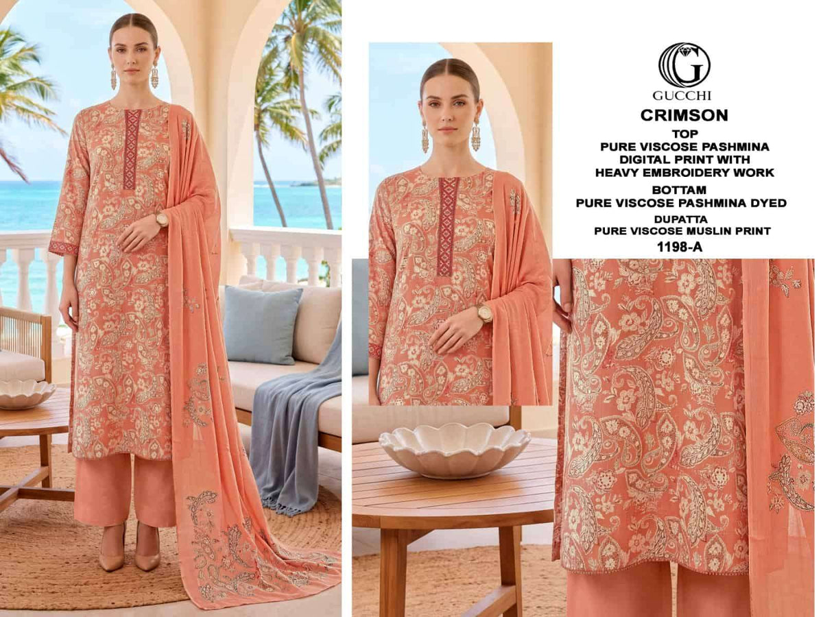 Gucchi Crimson 1198 Pure Viscose Pashmina Heavy Embroidered Suit Sets