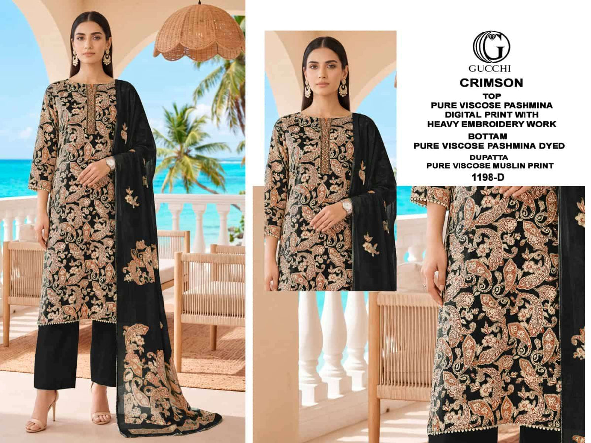 Gucchi Crimson 1198 Pure Viscose Pashmina Heavy Embroidered Suit Sets