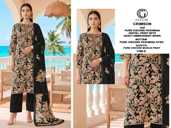Gucchi Crimson 1198 Pure Viscose Pashmina Heavy Embroidered Suit Sets