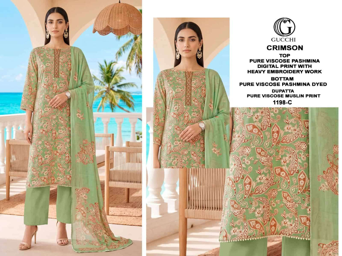 Gucchi Crimson 1198 Pure Viscose Pashmina Heavy Embroidered Suit Sets