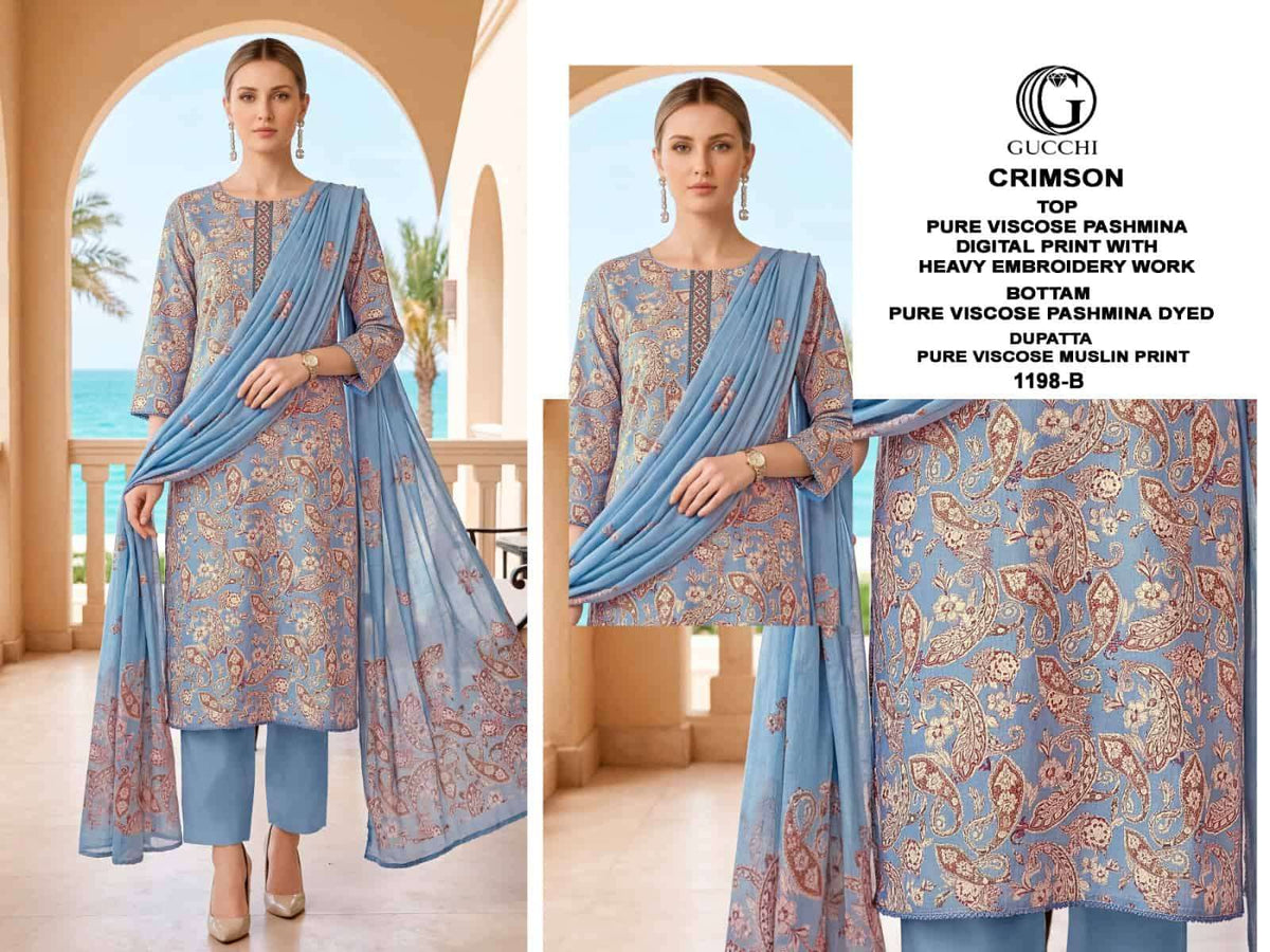 Gucchi Crimson 1198 Pure Viscose Pashmina Heavy Embroidered Suit Sets