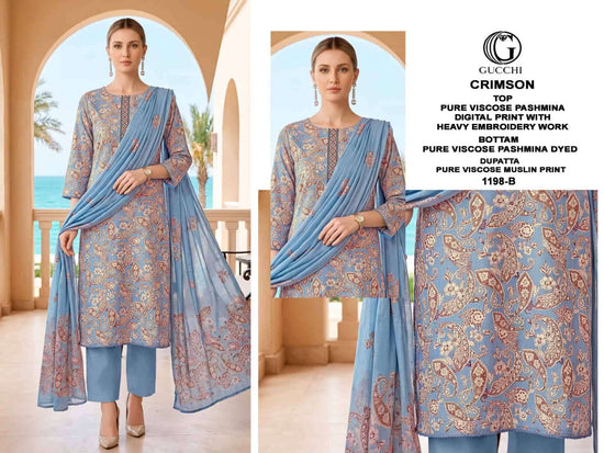 Gucchi Crimson 1198 Pure Viscose Pashmina Heavy Embroidered Suit Sets
