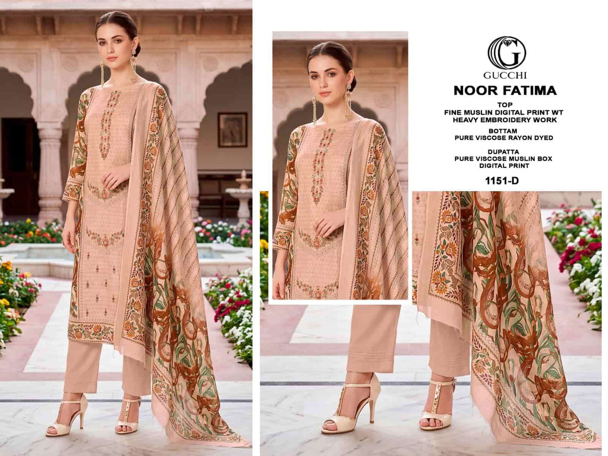 Gucchi Noor Fatima 1151 Pure Viscose Muslin Dress Material - Amrah Wholesale